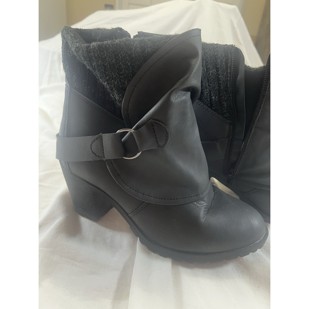 Luksees Black Faux Leather Buckle Ankle Boots Women's Size 10 Zip Knit Cuff